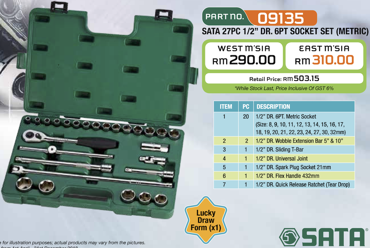 SATA 09135 27pc 1/2"DR.6PT Socket Set (Metric)